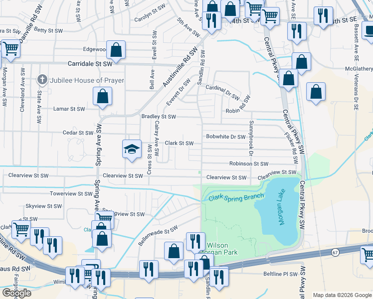 map of restaurants, bars, coffee shops, grocery stores, and more near 413 Clark Street Southwest in Decatur