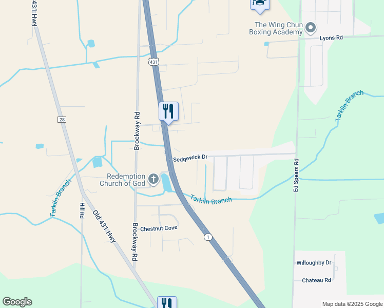 map of restaurants, bars, coffee shops, grocery stores, and more near 115 Sedgewick Drive in Owens Cross Roads