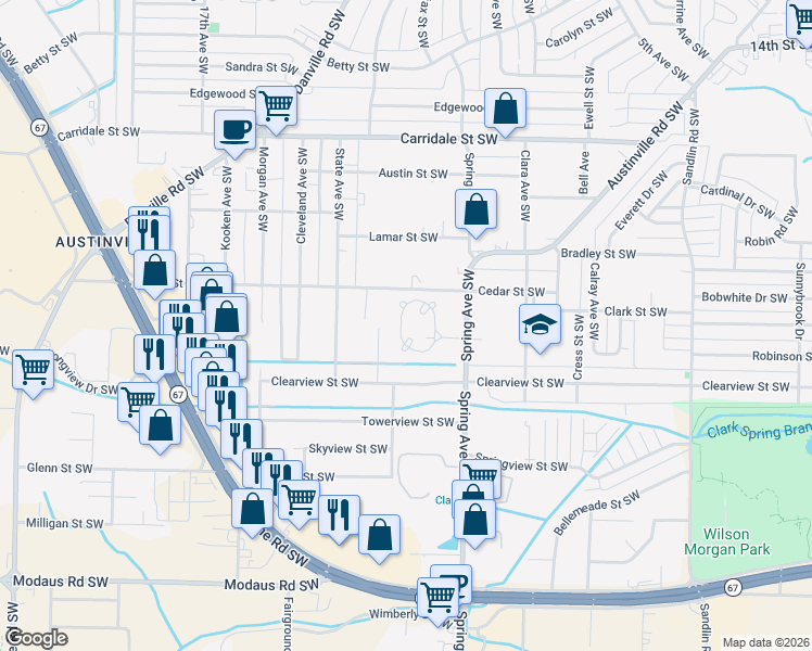 map of restaurants, bars, coffee shops, grocery stores, and more near 2304 Clearview Place Southwest in Decatur