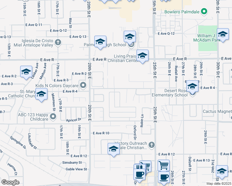 map of restaurants, bars, coffee shops, grocery stores, and more near 37748 Cardiff Street in Palmdale