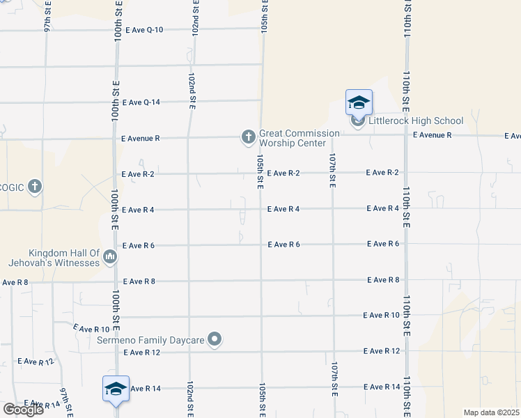 map of restaurants, bars, coffee shops, grocery stores, and more near 105th Street East in Sun Village