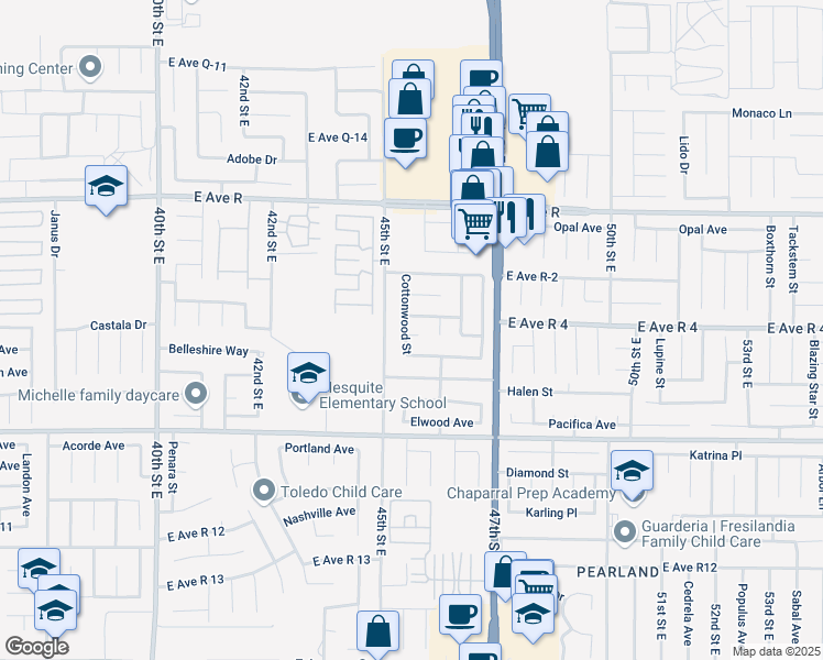 map of restaurants, bars, coffee shops, grocery stores, and more near 4525 Spring Canyon Lane in Palmdale
