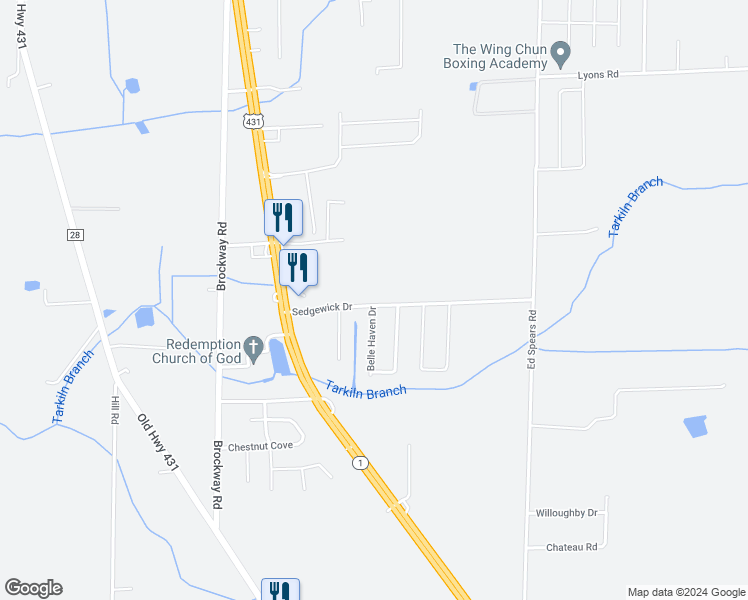map of restaurants, bars, coffee shops, grocery stores, and more near 143 Sedgewick Drive in Owens Cross Roads