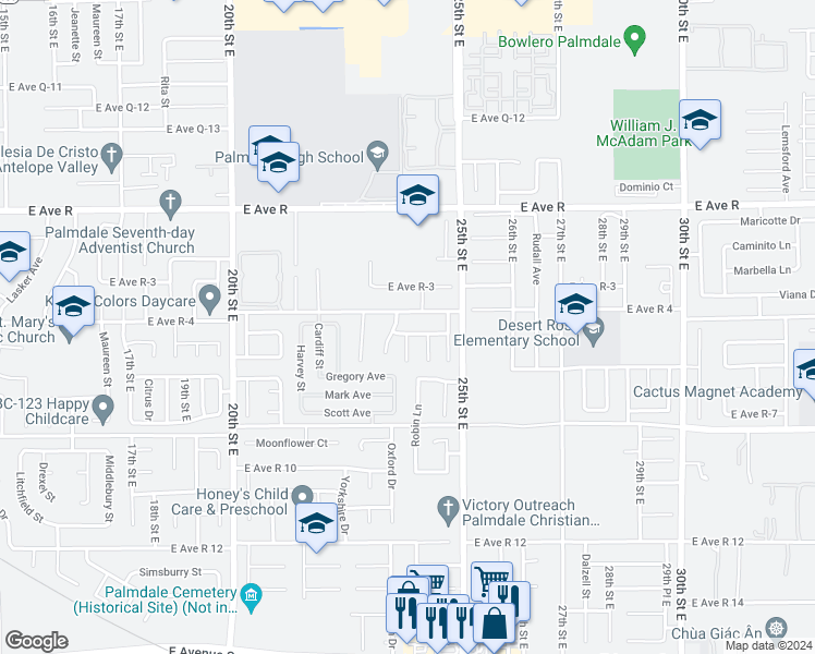 map of restaurants, bars, coffee shops, grocery stores, and more near 2339 Oakcrest Avenue in Palmdale