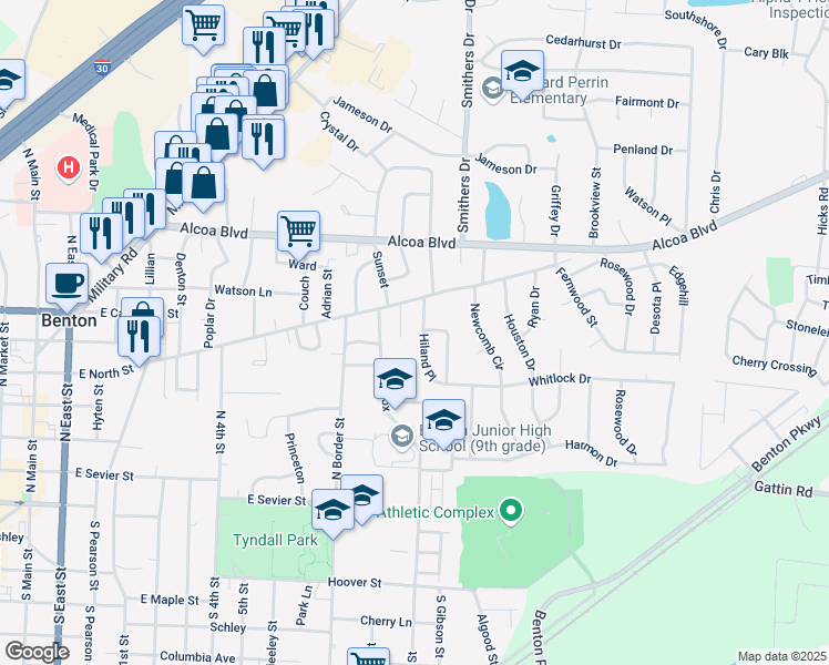 map of restaurants, bars, coffee shops, grocery stores, and more near 604 Benbrook Court in Benton