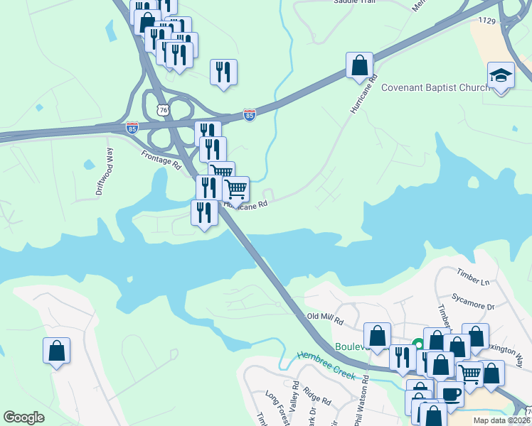 map of restaurants, bars, coffee shops, grocery stores, and more near 211 Lookover Drive in Anderson
