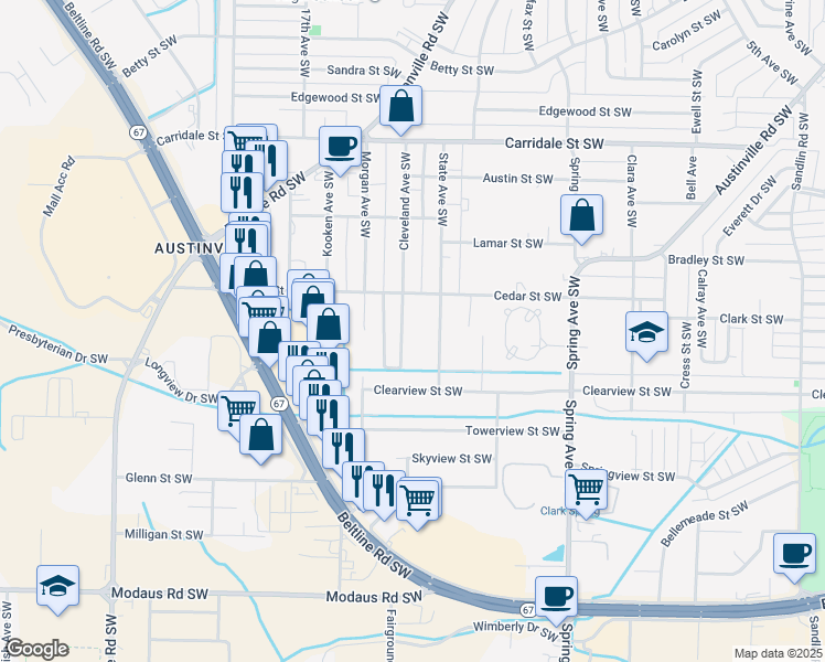 map of restaurants, bars, coffee shops, grocery stores, and more near 2318 Cleveland Avenue Southwest in Decatur