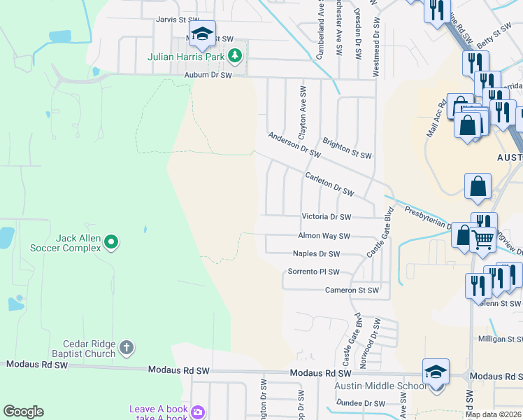 map of restaurants, bars, coffee shops, grocery stores, and more near 2320 Shelburne Avenue Southwest in Decatur