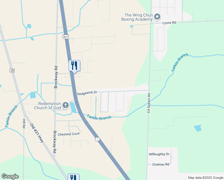 map of restaurants, bars, coffee shops, grocery stores, and more near 165 Sedgewick Drive in Owens Cross Roads