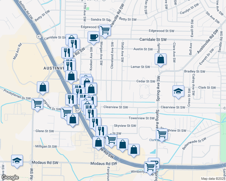 map of restaurants, bars, coffee shops, grocery stores, and more near 2318 Cleveland Avenue Southwest in Decatur