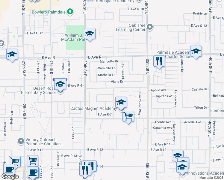 map of restaurants, bars, coffee shops, grocery stores, and more near 3104 East Avenue R 4 in Palmdale