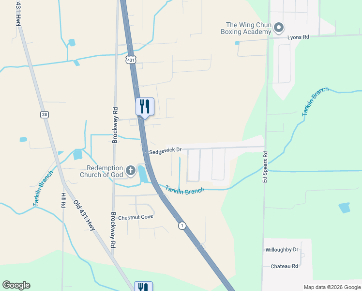 map of restaurants, bars, coffee shops, grocery stores, and more near 127 Sedgewick Drive in Owens Cross Roads