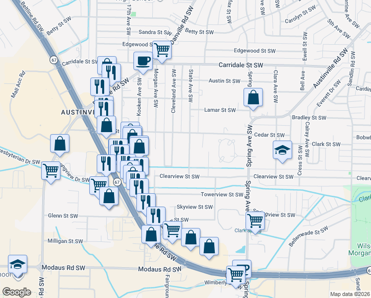 map of restaurants, bars, coffee shops, grocery stores, and more near 2318 Cleveland Avenue Southwest in Decatur