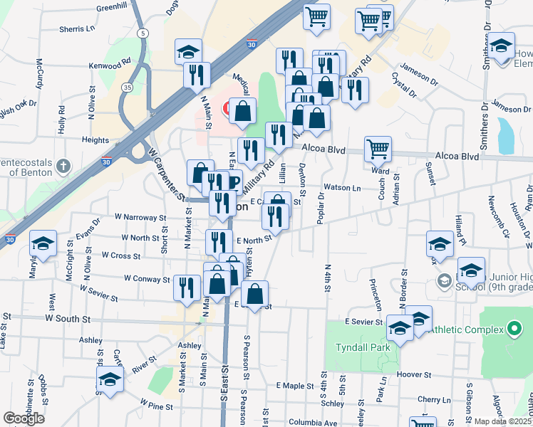 map of restaurants, bars, coffee shops, grocery stores, and more near 607 Gertrude in Benton