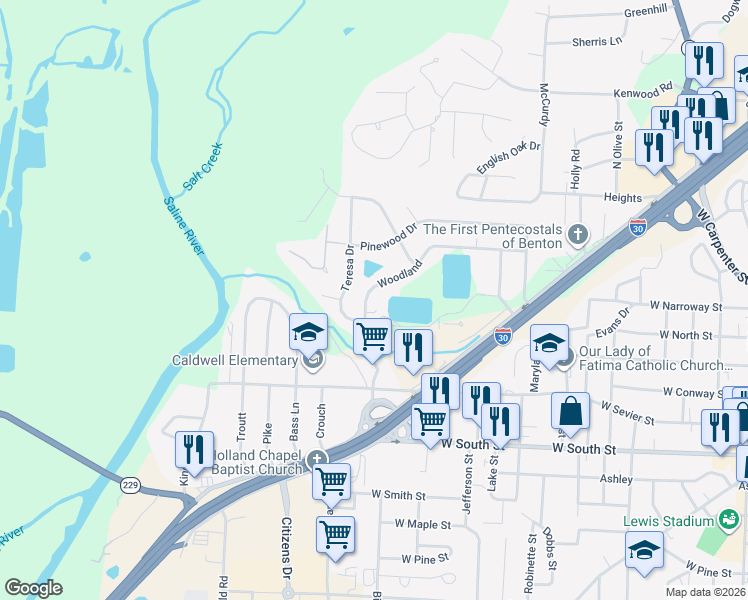 map of restaurants, bars, coffee shops, grocery stores, and more near 523 Woodland in Benton