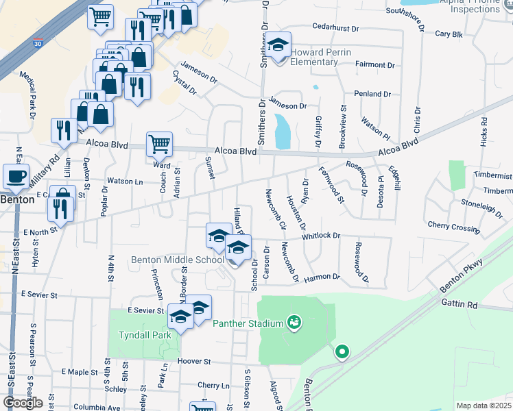 map of restaurants, bars, coffee shops, grocery stores, and more near 18 Hiland Place in Benton