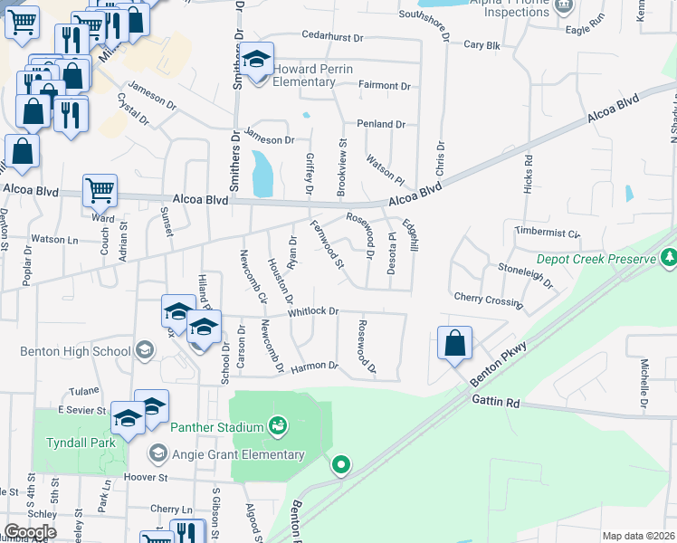 map of restaurants, bars, coffee shops, grocery stores, and more near 712 Fernwood Street in Benton