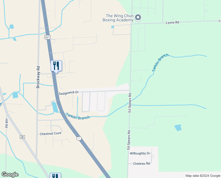 map of restaurants, bars, coffee shops, grocery stores, and more near 193 Sedgewick Drive in Owens Cross Roads