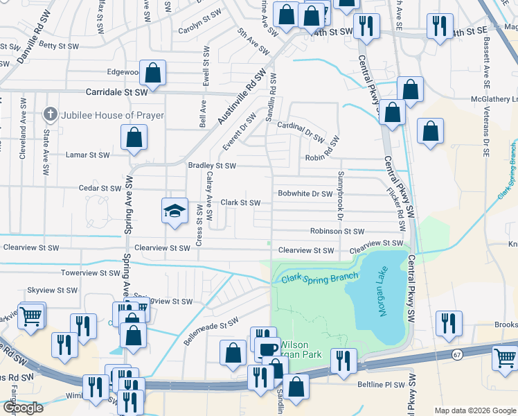 map of restaurants, bars, coffee shops, grocery stores, and more near 413 Clark Street Southwest in Decatur