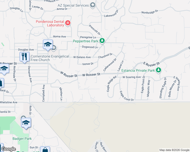 map of restaurants, bars, coffee shops, grocery stores, and more near 354 Cimarron Circle in Prescott