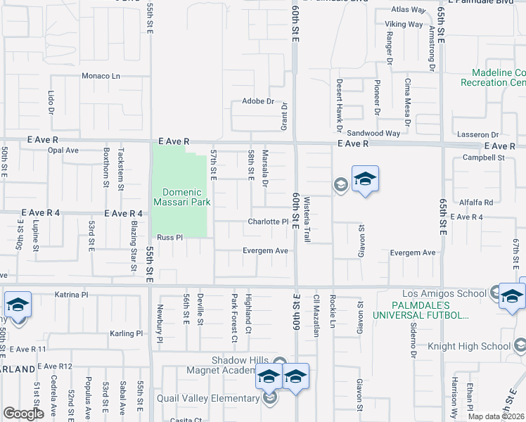 map of restaurants, bars, coffee shops, grocery stores, and more near 5822 Monterey Place in Palmdale