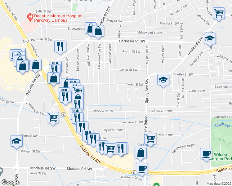 map of restaurants, bars, coffee shops, grocery stores, and more near 2307 Maner Street Southwest in Decatur
