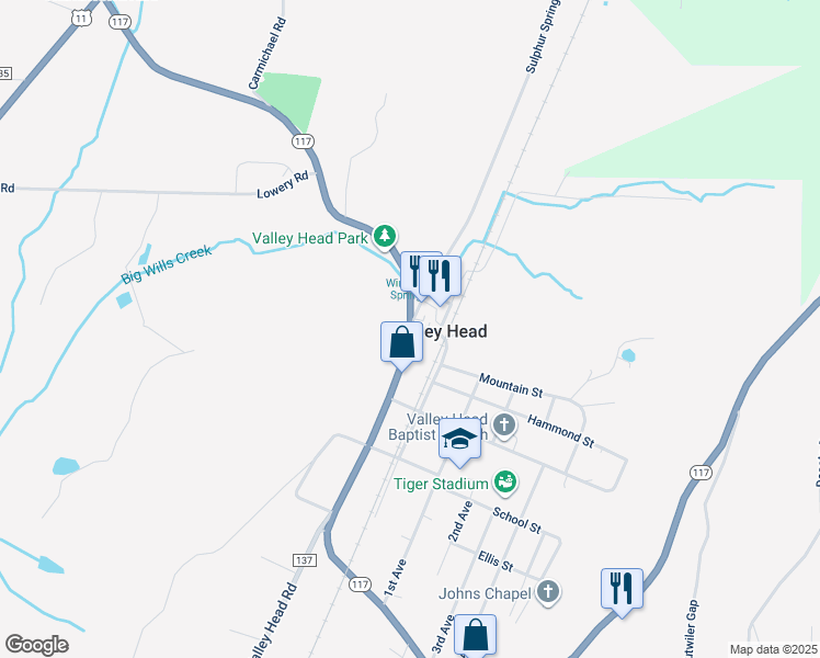 map of restaurants, bars, coffee shops, grocery stores, and more near Alabama 117 in Valley Head