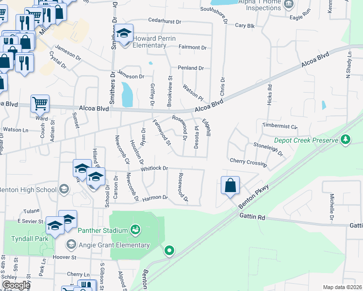 map of restaurants, bars, coffee shops, grocery stores, and more near 717 Rosewood Drive in Benton