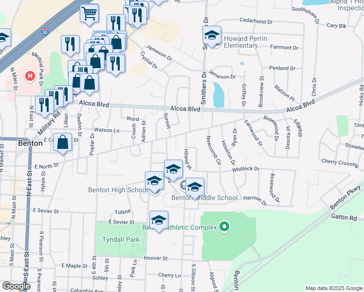 map of restaurants, bars, coffee shops, grocery stores, and more near 604 Benbrook Court in Benton