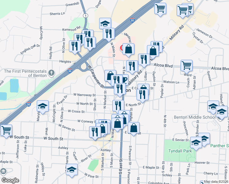 map of restaurants, bars, coffee shops, grocery stores, and more near in Benton