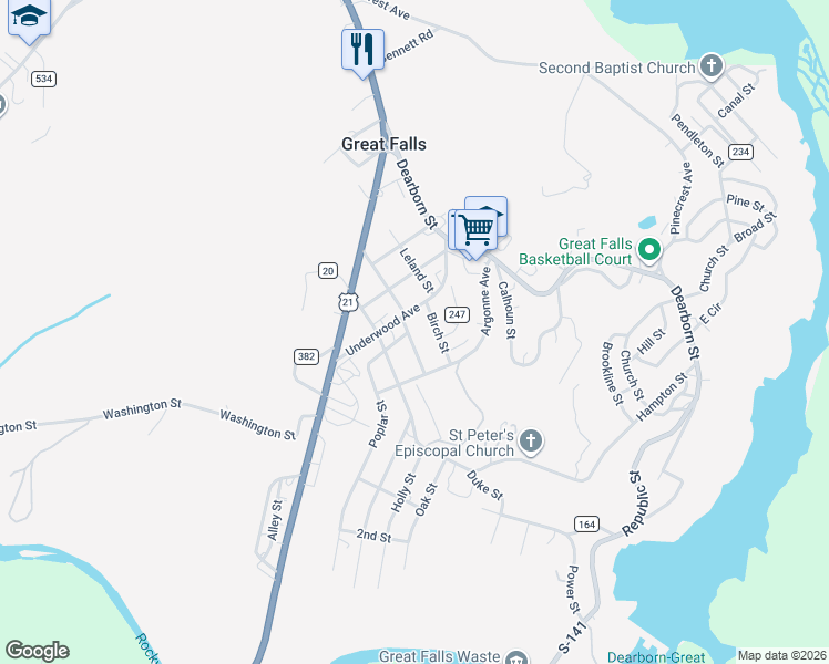 map of restaurants, bars, coffee shops, grocery stores, and more near 5 Maple Street in Great Falls