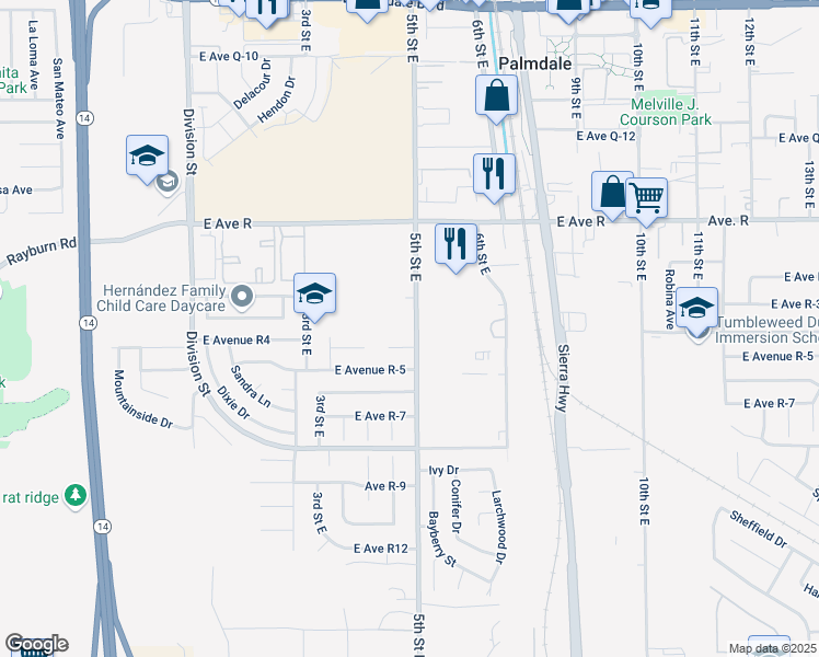 map of restaurants, bars, coffee shops, grocery stores, and more near 37805 5th Street East in Palmdale