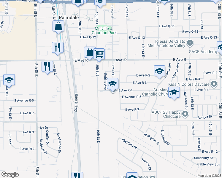 map of restaurants, bars, coffee shops, grocery stores, and more near 1057 East Avenue R4 in Palmdale