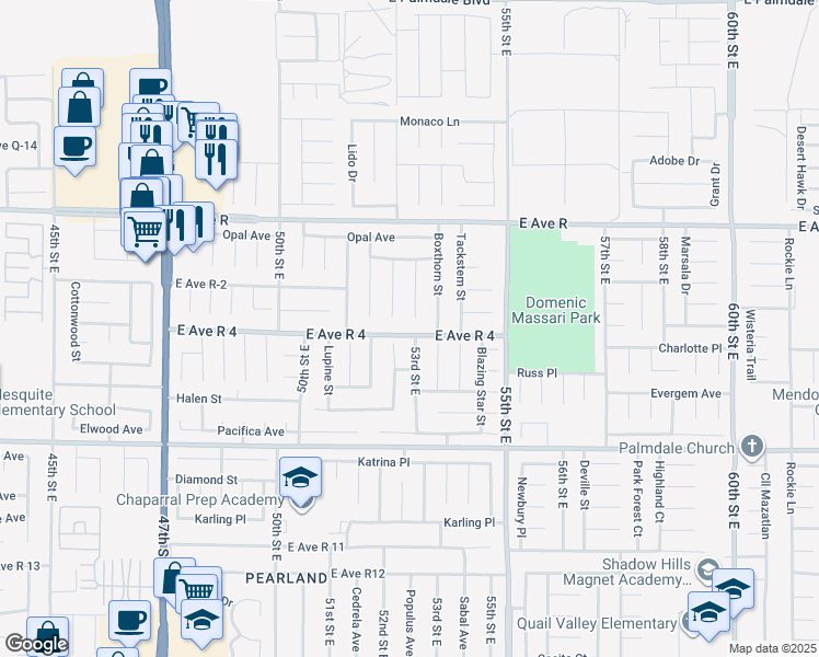 map of restaurants, bars, coffee shops, grocery stores, and more near 5217 East Avenue R 4 in Palmdale