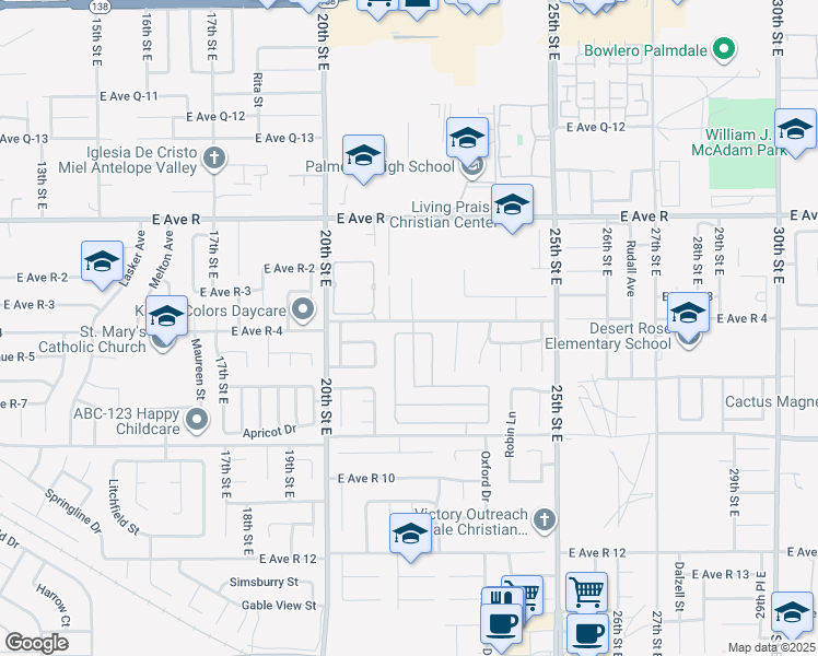 map of restaurants, bars, coffee shops, grocery stores, and more near 2125 Bramble Lane in Palmdale