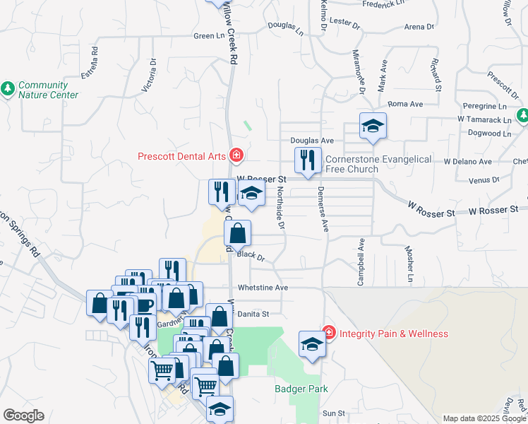 map of restaurants, bars, coffee shops, grocery stores, and more near 1455 Willow Creek Road in Prescott