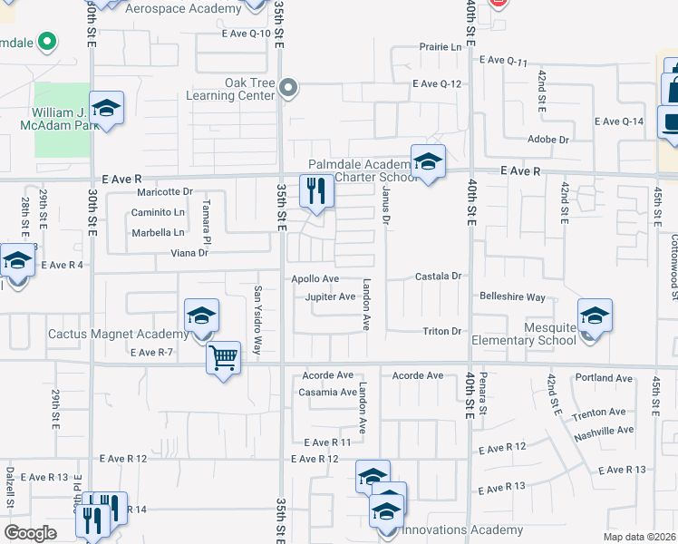 map of restaurants, bars, coffee shops, grocery stores, and more near 3607 Apollo Avenue in Palmdale