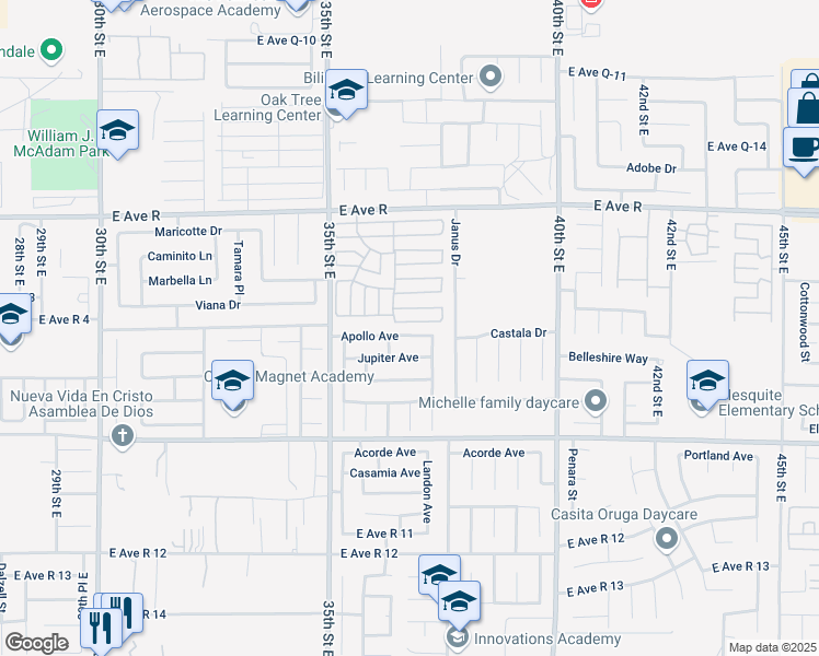map of restaurants, bars, coffee shops, grocery stores, and more near 3621 Apollo Avenue in Palmdale