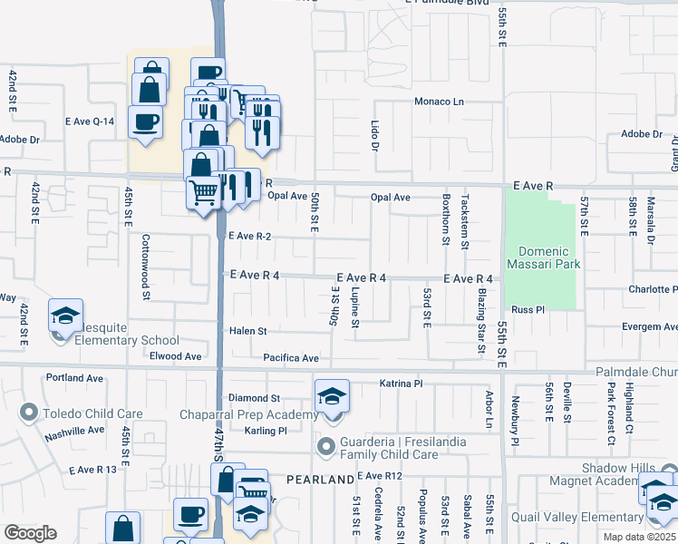 map of restaurants, bars, coffee shops, grocery stores, and more near 5033 East Avenue R 4 in Palmdale
