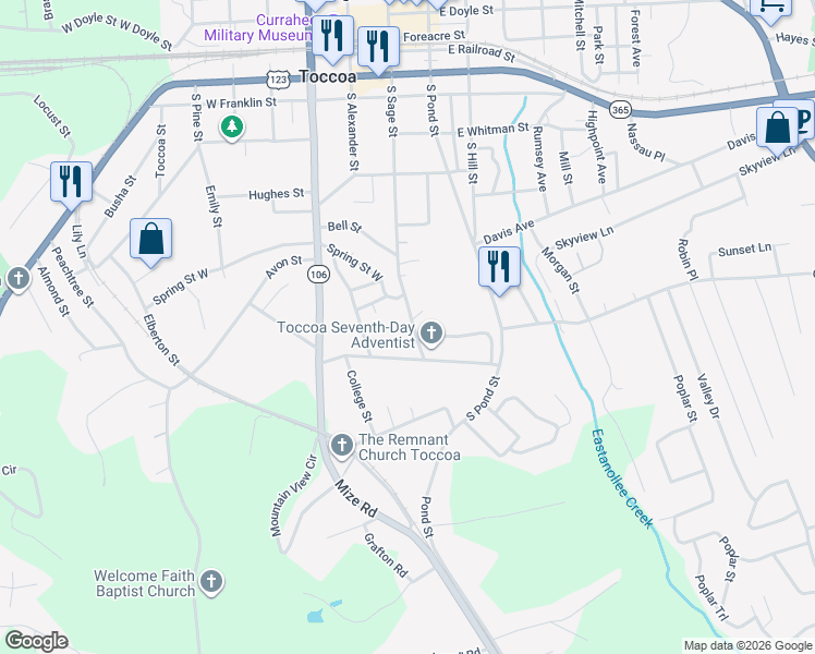 map of restaurants, bars, coffee shops, grocery stores, and more near 30 Shady Street in Toccoa