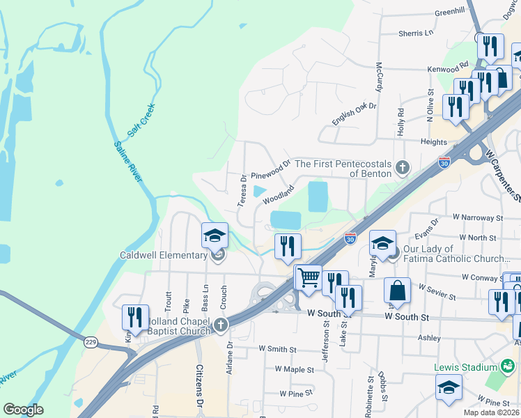 map of restaurants, bars, coffee shops, grocery stores, and more near 523 Woodland in Benton