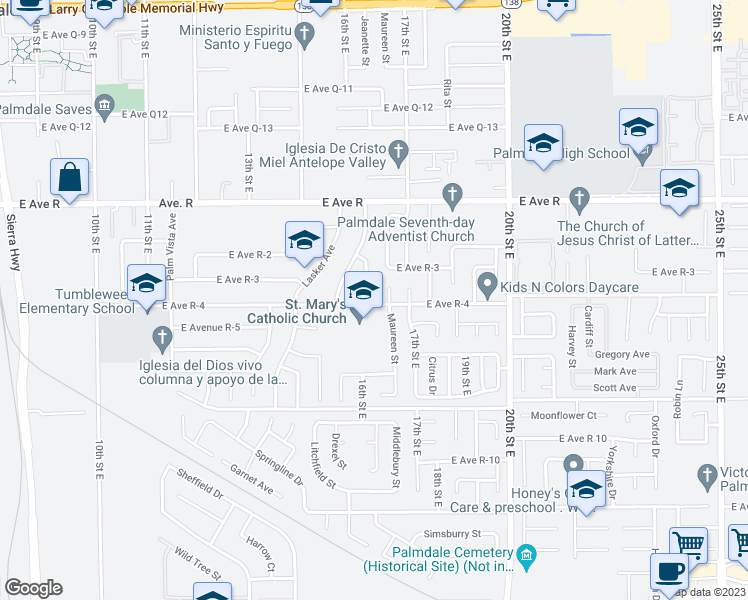 map of restaurants, bars, coffee shops, grocery stores, and more near 1605 East Avenue R-4 in Palmdale