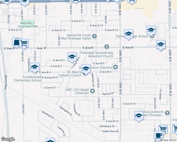 map of restaurants, bars, coffee shops, grocery stores, and more near 1605 East Avenue R-4 in Palmdale