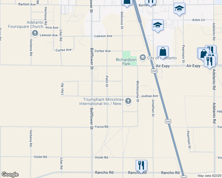 map of restaurants, bars, coffee shops, grocery stores, and more near Palm Street in Adelanto