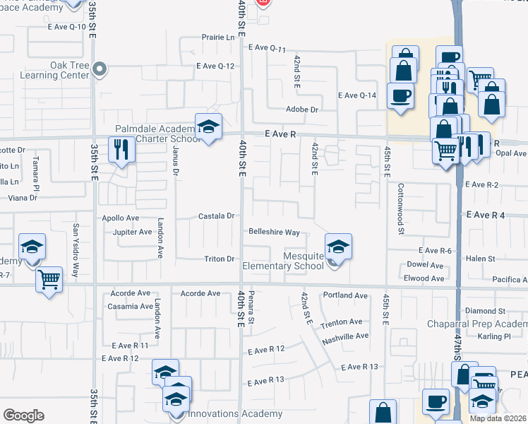 map of restaurants, bars, coffee shops, grocery stores, and more near 37775 Aquarius Circle in Palmdale