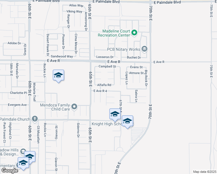 map of restaurants, bars, coffee shops, grocery stores, and more near 6610 Alfalfa Road in Palmdale