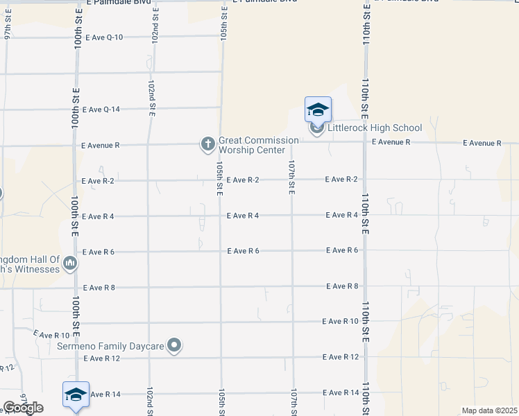 map of restaurants, bars, coffee shops, grocery stores, and more near 106th Street East in Sun Village