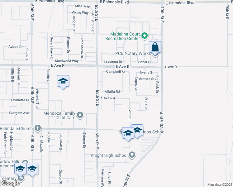 map of restaurants, bars, coffee shops, grocery stores, and more near 6610 Alfalfa Road in Palmdale