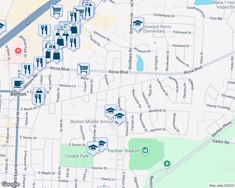 map of restaurants, bars, coffee shops, grocery stores, and more near 604 Benbrook Court in Benton