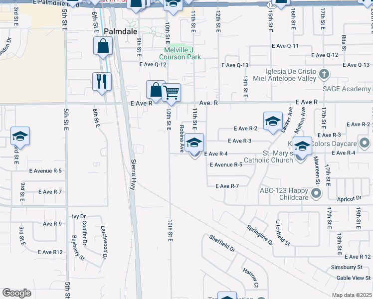 map of restaurants, bars, coffee shops, grocery stores, and more near 1057 East Avenue R4 in Palmdale